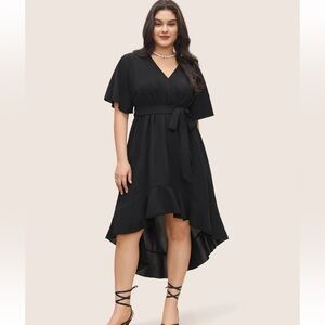BloomChic Plus Size  Solid Tie Surplice Ruffle High Low Dress